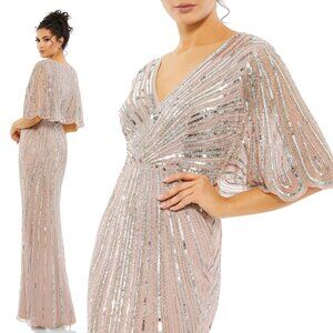 MAC DUGGAL | SEQUINED V NECK CAPE SLEEVE COLUMN GOWN 93583